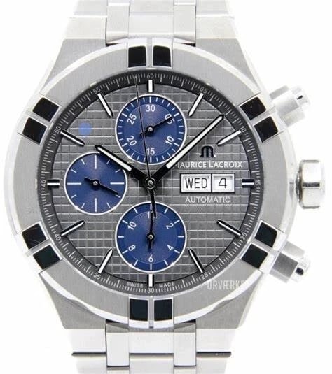 MAURICE LACROIX AIKON AUTOMATIC CHRONOGRAPH WATCH: MAURICE LACROIX Aikon Automatic Chronograph Watch Brand: Maurice Lacroix Type/Style: Wristwatch Material: Titanium Color: Dial Color Blue/Grey Size: Case Size: 44mm Accessories: None Accessories