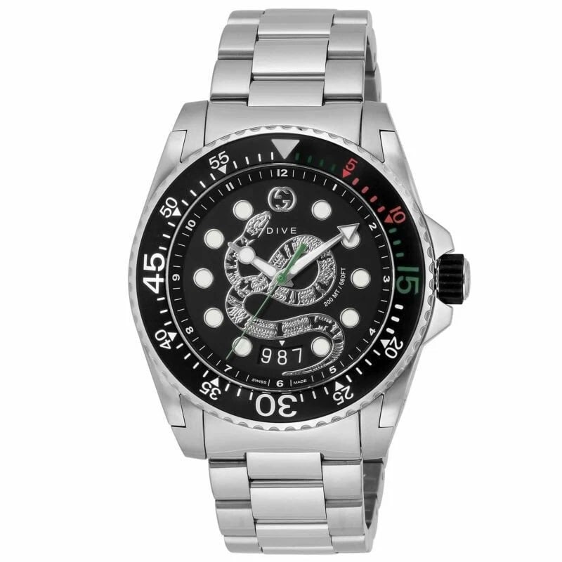 GUCCI DIVE WATCH: Gucci Dive Watch Brand: Gucci Type/Style: Wristwatch Material: SS Color: Dial Color Black Size: Case diameter: 45 x 45 x 12 (mm), 197 (g) Accessories: None Accessories Notice: When purchasing