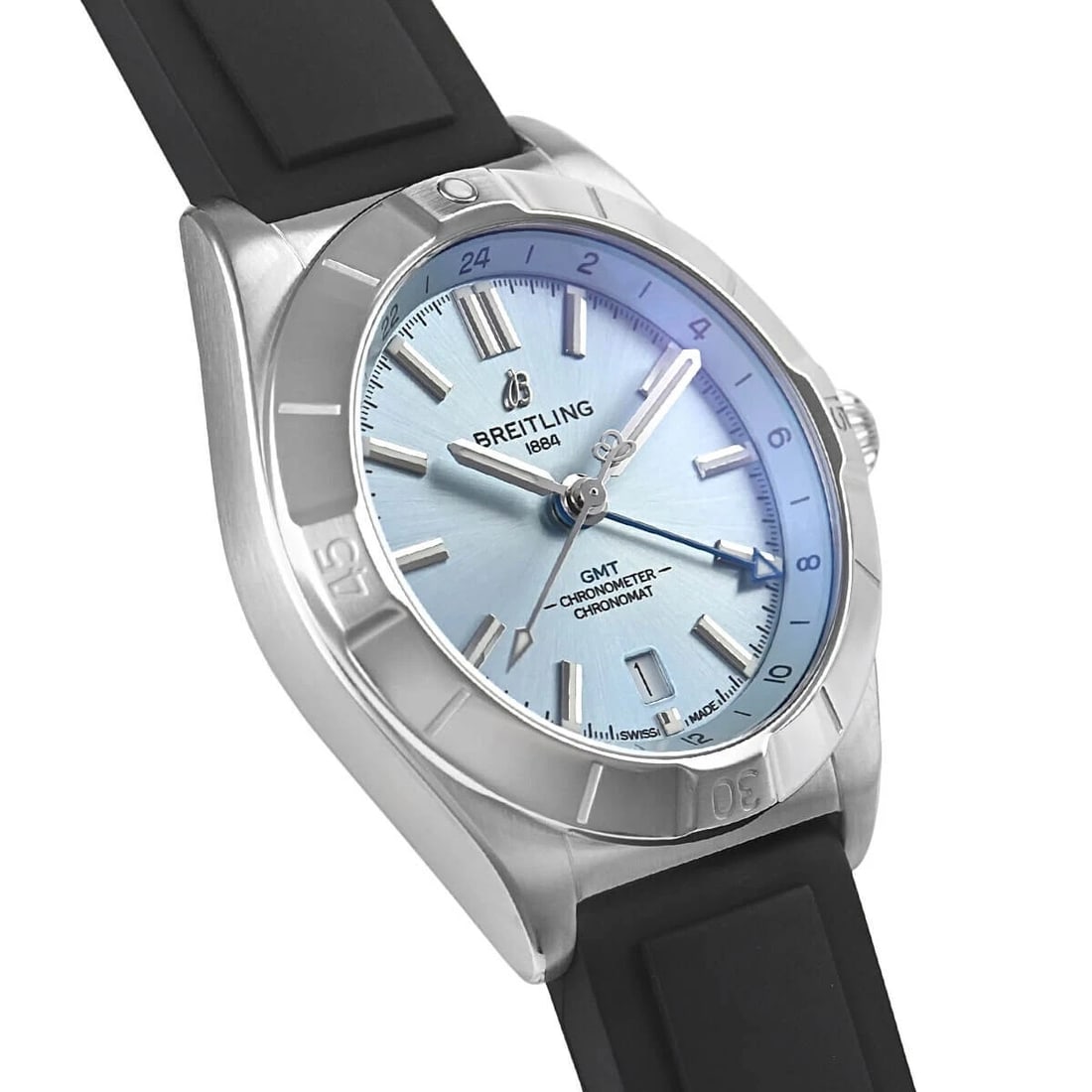 BREITLING CHRONOMAT AUTOMATIC GMT WATCH: Breitling Chronomat Automatic GMT Watch Brand: Breitling Type/Style: Wristwatch Material: SS platinium Color: Dial Color ice blue Size: Case Size: 40mm Accessories: None Accessories Notice: When