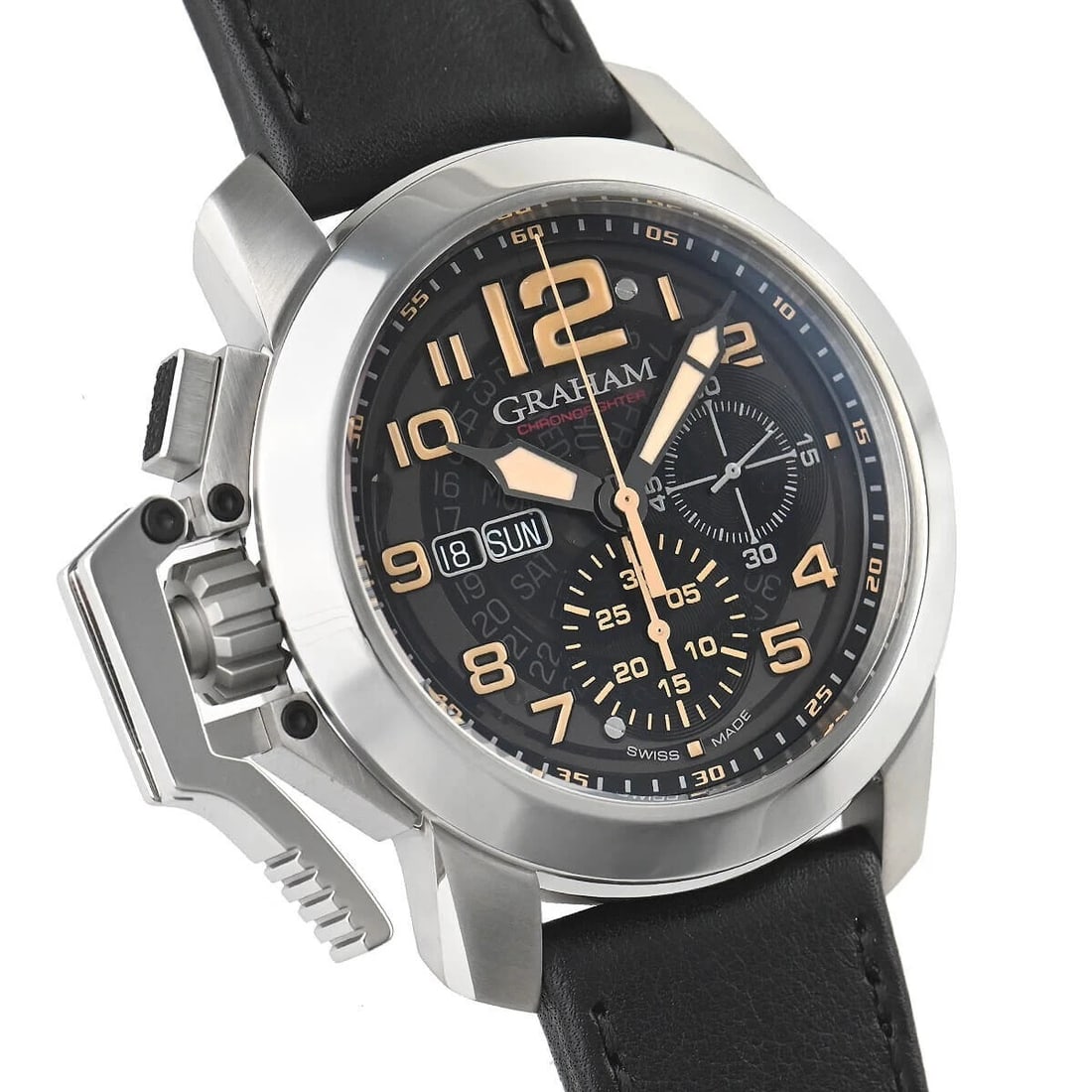 GRAHAM CHRONOFIGHTER OVERSIZE WATCH: Graham Chronofighter Oversize Watch Brand: graham Type/Style: Wristwatch Material: SS Color: Dial Color black ivory Size: Case Size: 47mm Accessories: None Accessories Notice: When purchasing