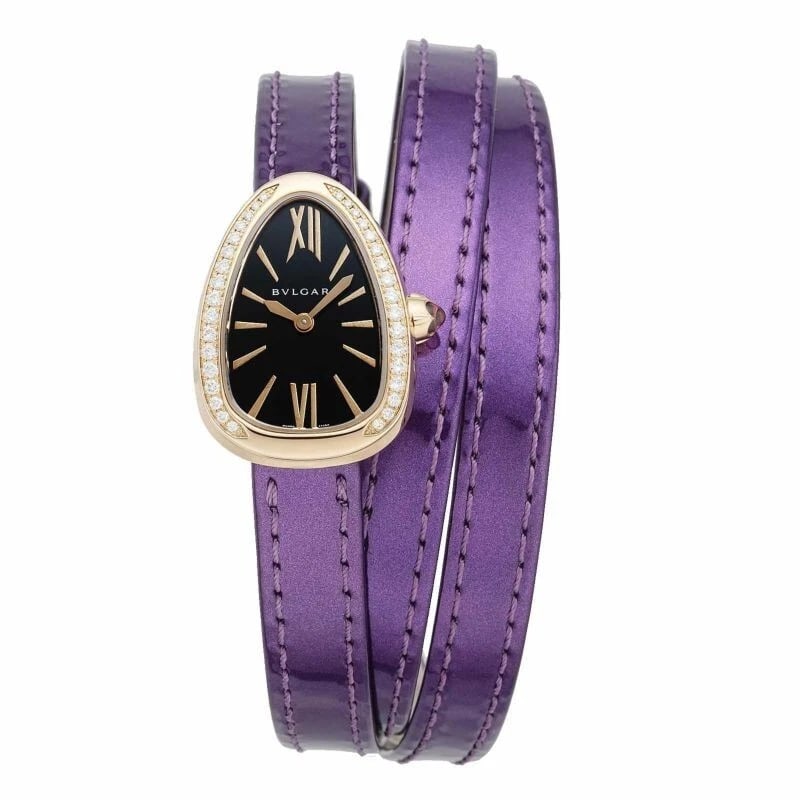 BVLGARI SERPENTI WATCH: BVLGARI Serpenti Watch Brand: Bvlgari Type/Style: Wristwatch Material: Case material: 18K pink gold Strap material: Leather Color: Dial Color black Size: Case diameter: 27.5?20?8(mm), 34(g)