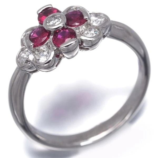 RUBY DIAMOND FLOWER RING 900 PLATINUM - 3
