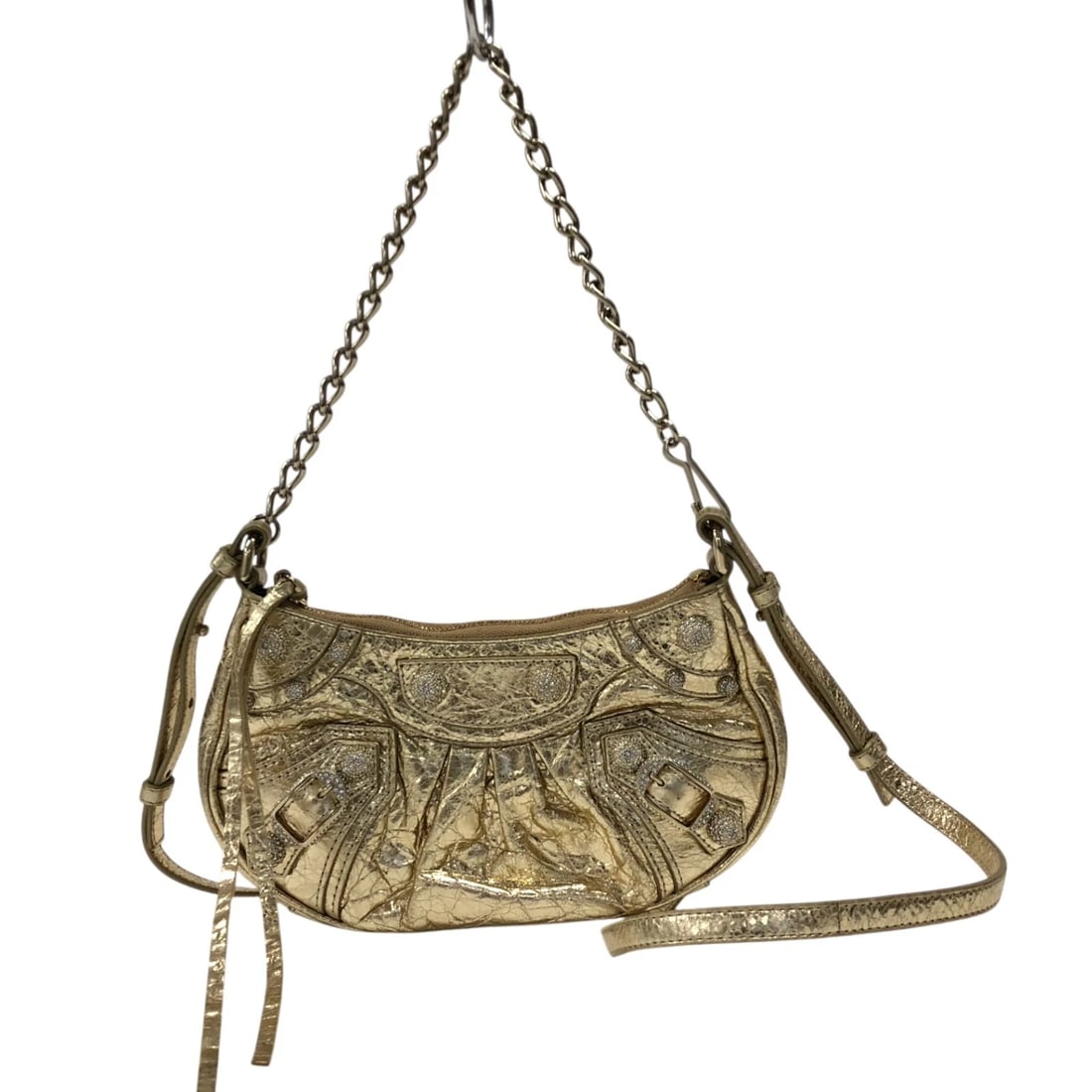 BALENCIAGA LE CAGOULE SHOULDER BAG: BALENCIAGA le cagoule Shoulder Bag Brand: BALENCIAGA Type/Style: Shoulder Bag Material: Leather studs Color: gold Size: W8.3 x H5.1x D1.2inch Accessories: None Accessories Notice: When purchasing