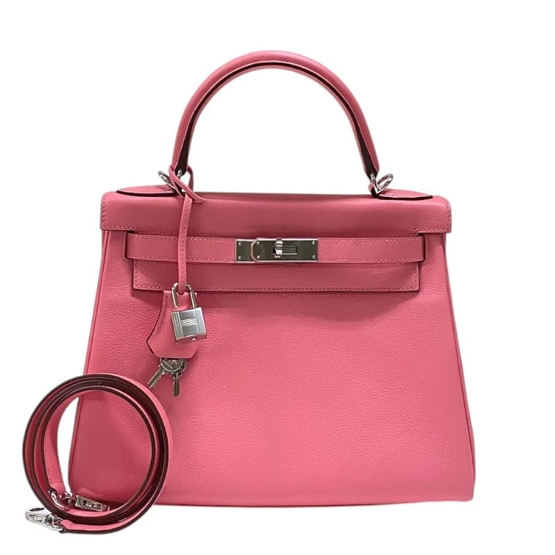 HERMES KELLY HANDBAG: HERMES Kelly Handbag Brand: HERMES Type/Style: Handbag Material: Evercolor Color: Rose Azalea x Veil Bosphore Silver Hardware Size: W10.8 x H8.1x D4.5inch Accessories: None Accessories Notice: When