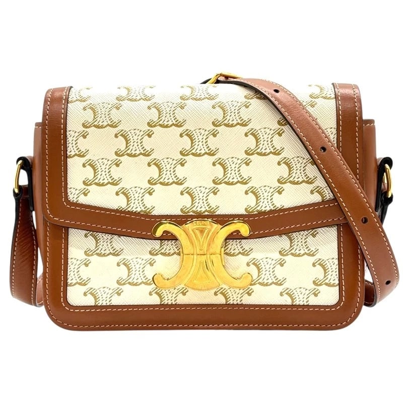 CELINE TEEN TRIOMPHE BAGS SHOULDER BAG: CELINE Teen Triomphe Bags Shoulder Bag Brand: CELINE Type/Style: Shoulder Bag Material: Triomphe canvas Color: White x Tan Gold Hardware Size: W7.3 x H5.5x D2.8inch Accessories: None Accessories