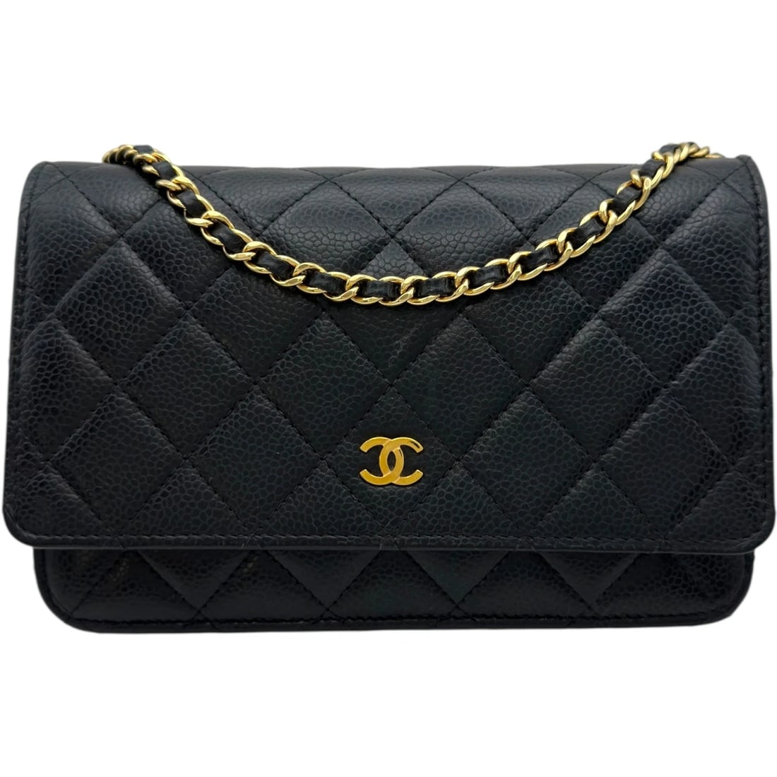 CHANEL MATELASSE CHAIN WALLET CHAIN: CHANEL Matelasse Chain Wallet Chain Brand: CHANEL Type/Style: Wallet Chain Material: Caviar skin Color: Black Gold Hardware Size: W7.5 x H4.7x D1.2inch Accessories: None Accessories Notice: When