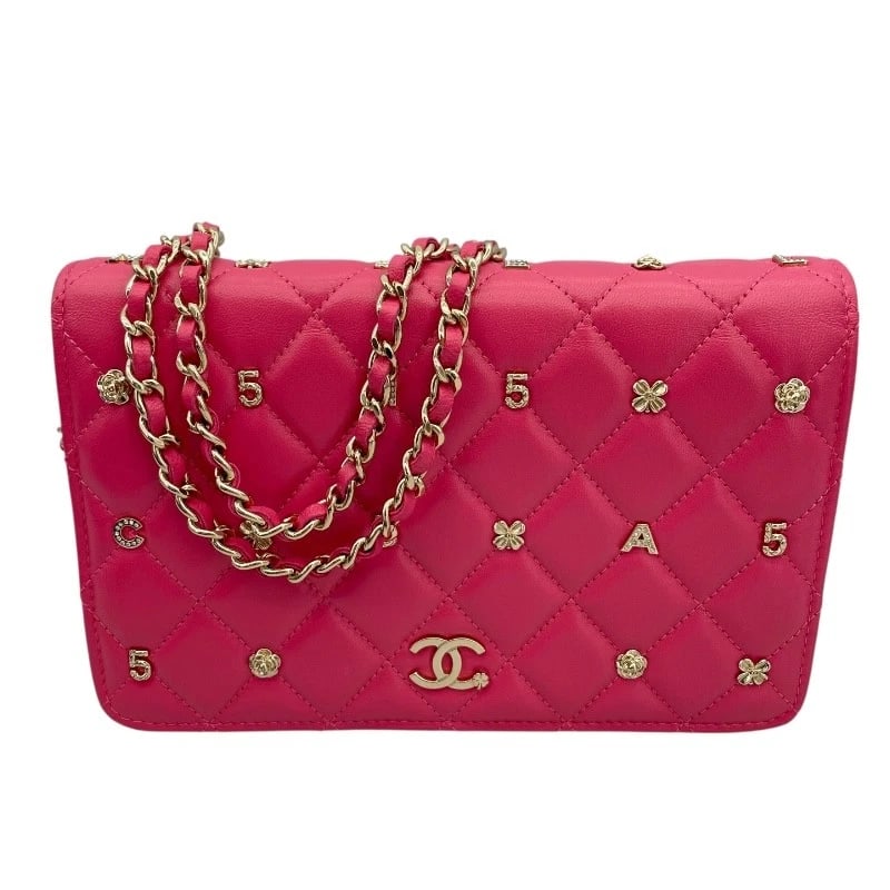 CHANEL MATELASSE STUDS CHAIN WALLET SHOULDER BAG: CHANEL Matelasse Studs Chain Wallet Shoulder Bag Brand: CHANEL Type/Style: Shoulder Bag Material: lambskin Color: Pink GDHardware Size: W19cm x H12cmx D5cmW7.5 x H4.7x D2.0inch Accessories: None <