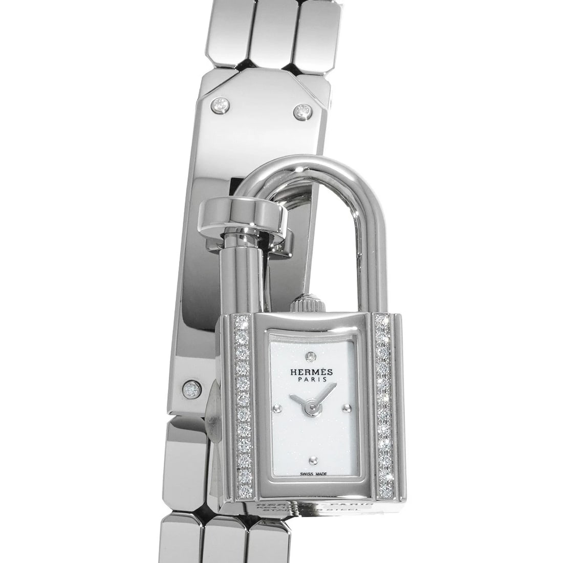 HERMES KELLY WATCH DIAMOND WHITE WATCH: HERMES Kelly Watch Diamond White Watch Brand: HERMES Type/Style: Wristwatch Material: Band Material Stainless steel, Case Material Stainless steel Color: Dial Color White Size: ?Case? H/about 17mm