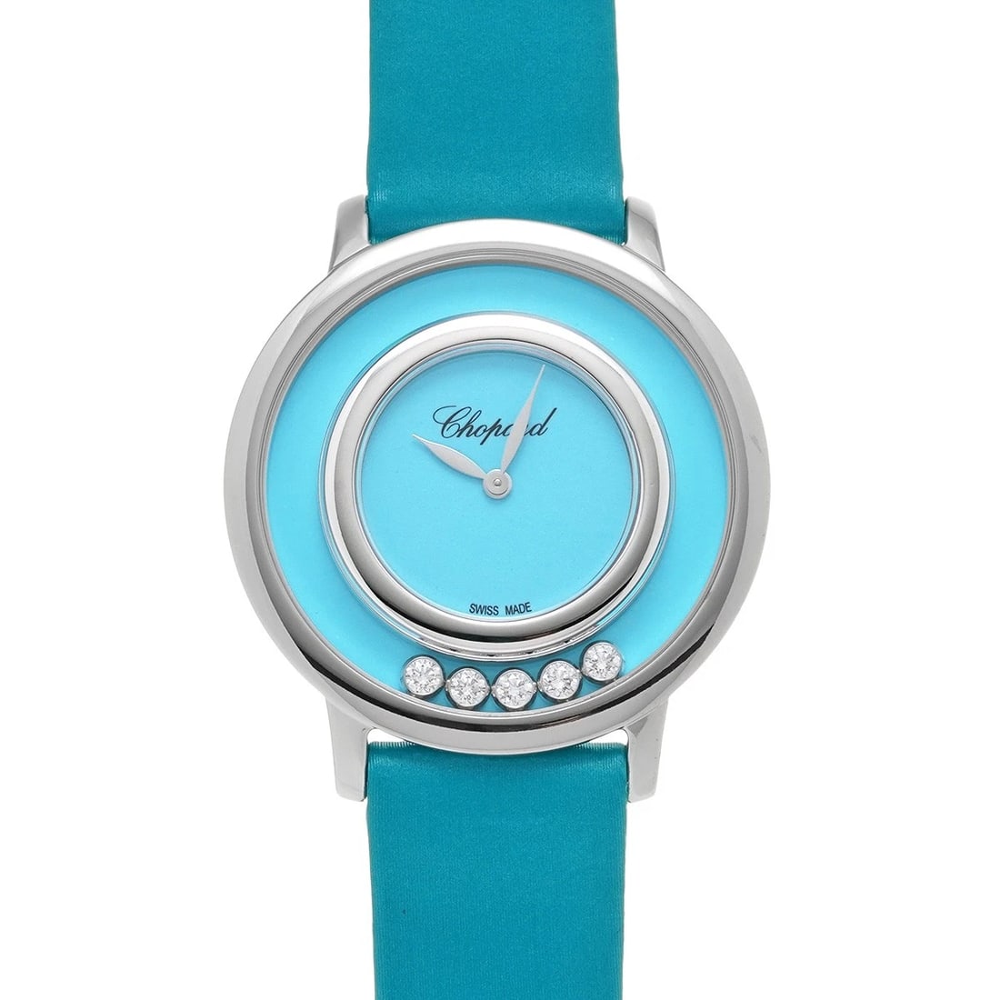 CHOPARD HAPPY DIAMOND BLUE/DIAMOND WATCH: Chopard Happy Diamond Blue/Diamond Watch Brand: Chopard Type/Style: Wristwatch Material: Band Material Satin, Case Material White gold Color: Dial Color Blue/Diamond Size: ?Case? H/about 31mm W/about