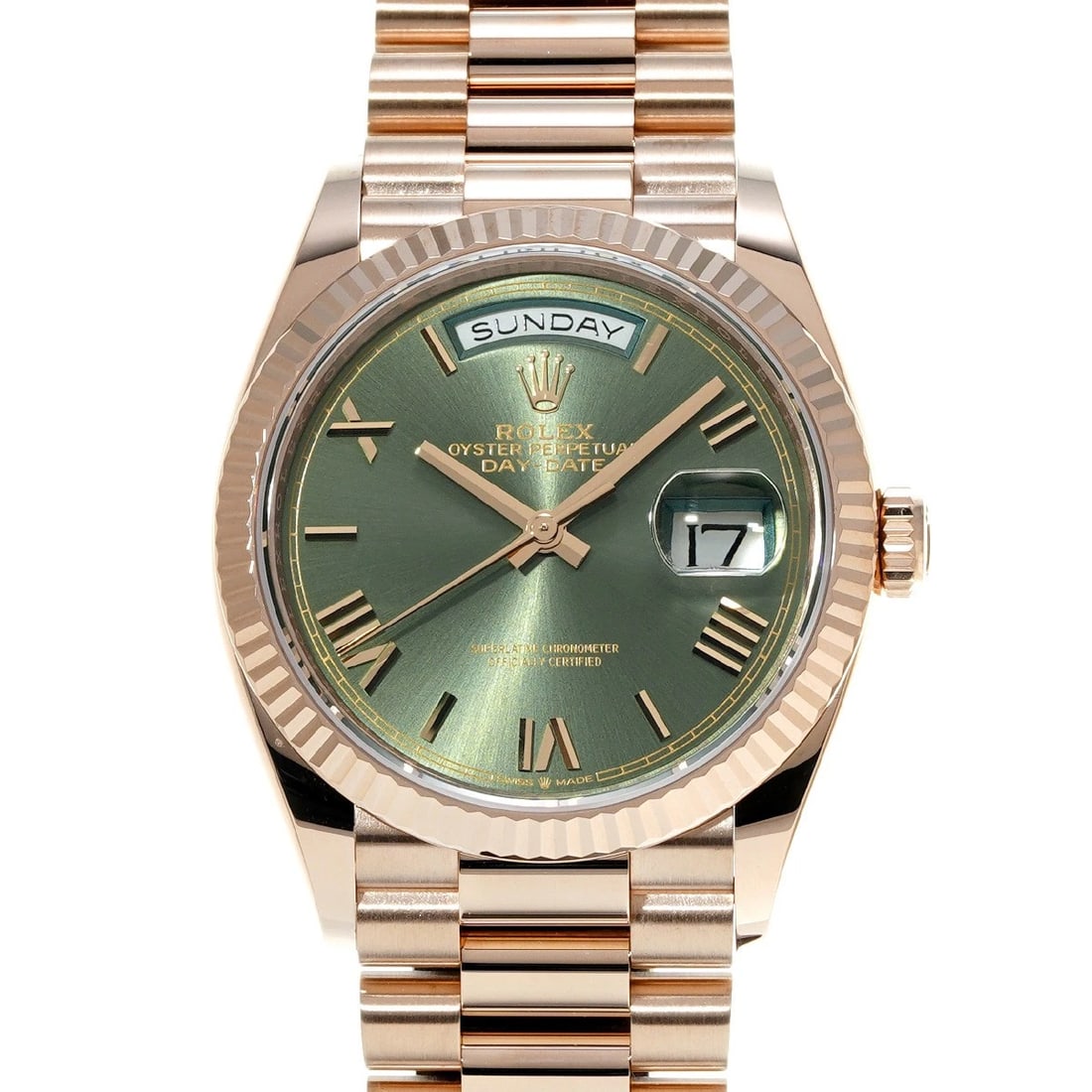 ROLEX DAY-DATE OLIVE GREEN WATCH: ROLEX Day-Date Olive Green Watch Brand: ROLEX Type/Style: Wristwatch Material: Band Material Everrose gold, Case Material Everrose gold Color: Dial Color Olive Green Size: ?Case? H/about 36mm W/about 