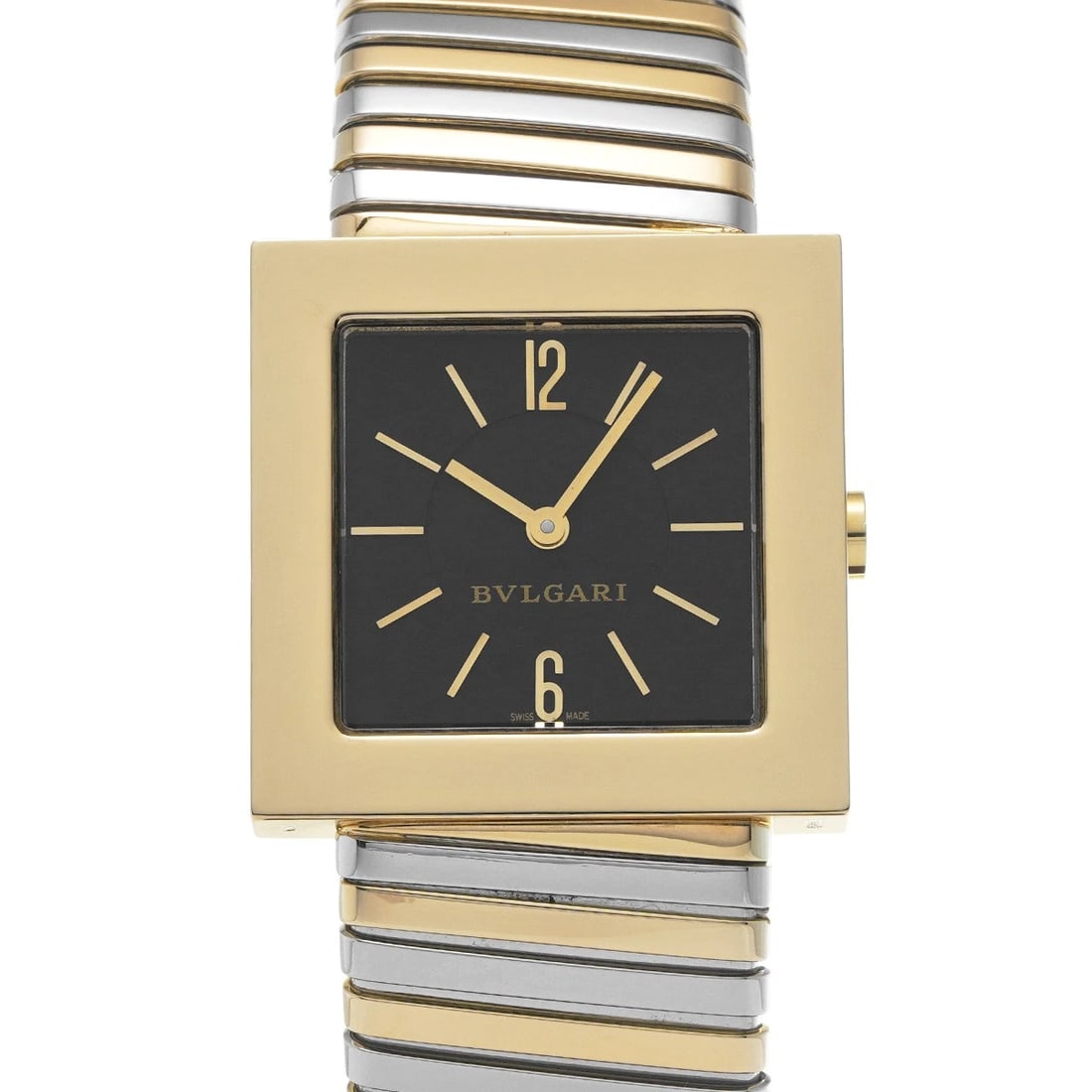 BVLGARI QUADLARD BLACK WATCH: BVLGARI Quadlard Black Watch Brand: BVLGARI Type/Style: Wristwatch Material: Band Material Yellow Gold, Case Material Yellow Gold Color: Dial Color Black Size: ?Case? H/about 29mm W/about 29mm