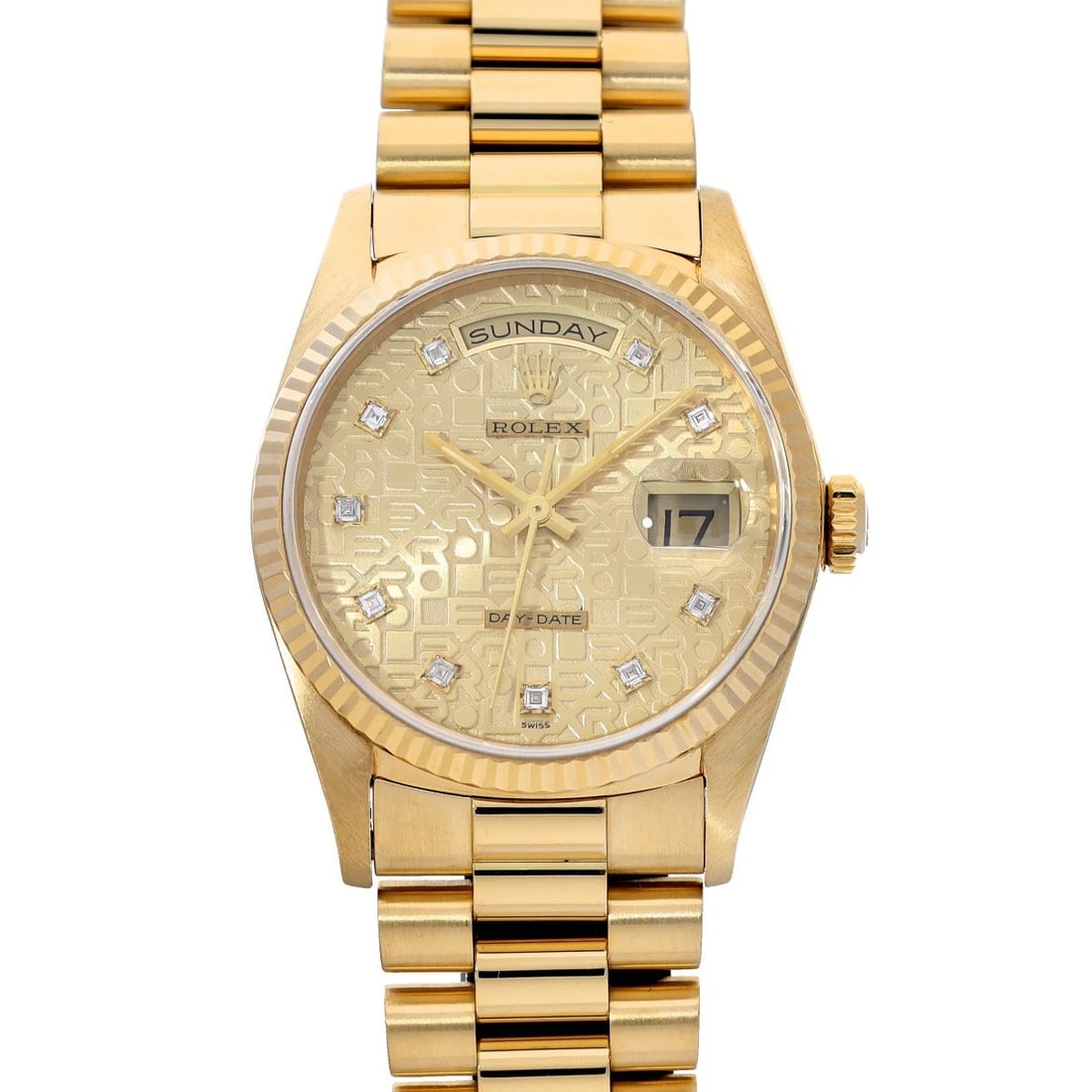 ROLEX DAY-DATE CHAMPAGNE COMPUTER/DIAMOND WATCH: ROLEX Day-Date Champagne Computer/Diamond Watch Brand: ROLEX Type/Style: Wristwatch Material: Band Material Yellow Gold, Case Material Yellow Gold Color: Dial Color Champagne Computer/Diamond Size: