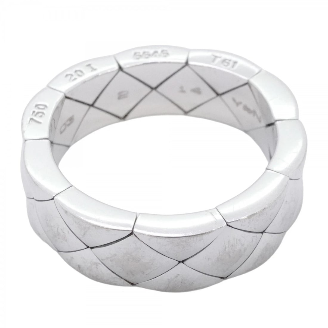 CHANEL MATELASSE RING, 18K WHITE GOLD: Chanel Matelasse Ring, 18K White Gold Brand: Chanel Type/Style: Band Ring Material: White gold (18K) Color: White gold Size: US 10 Accessories: None Accessories Notice: When purchasing pre