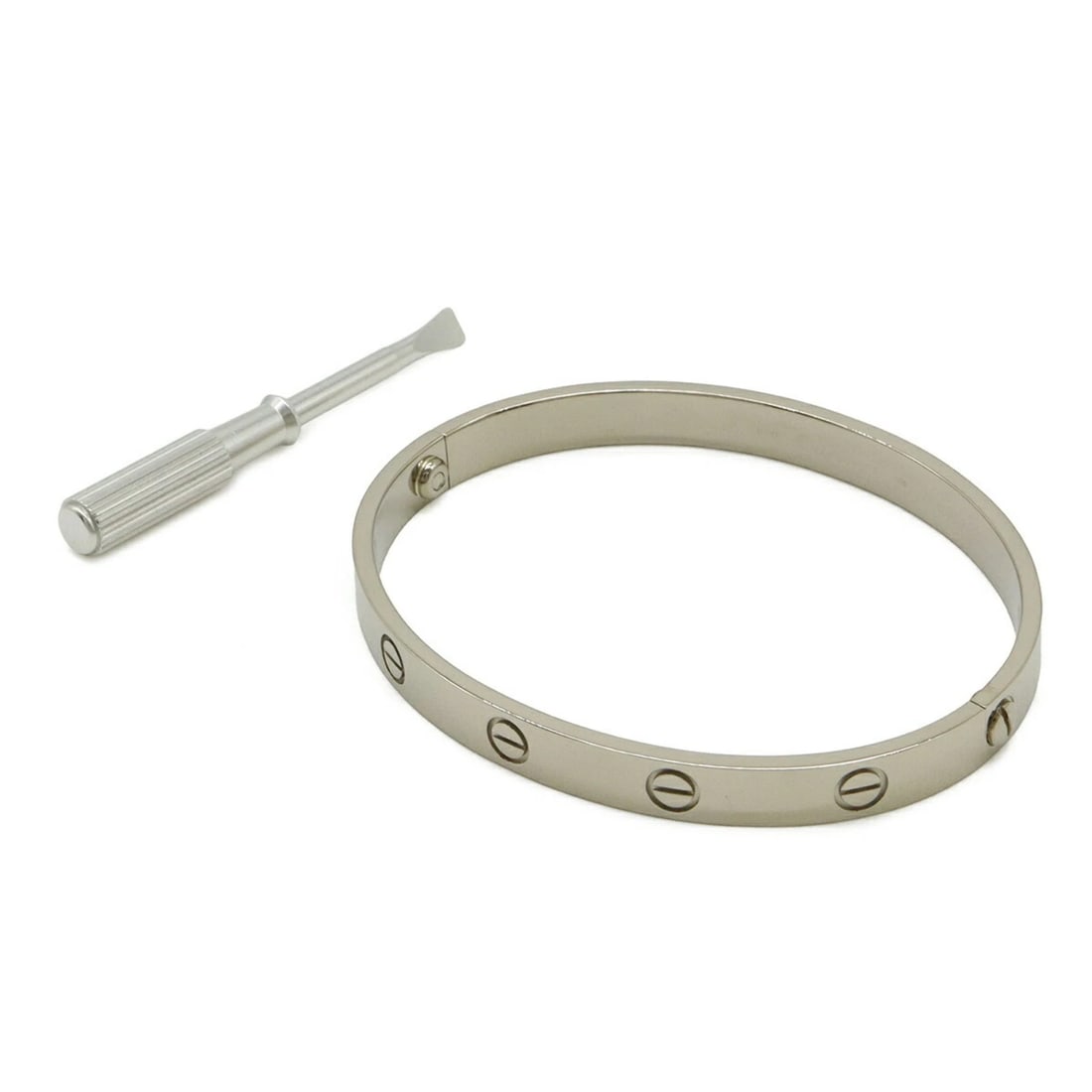 CARTIER LOVE BRACELET BANGLE 18KWG 750WG WHITE GOLD: Cartier LOVE Bracelet Bangle 18KWG 750WG White Gold Brand: Cartier Type/Style: Charm bracelet Material: White gold (18K) Color: Silver Size: Length 16.5cm / 6.49'' Accessories: None Access