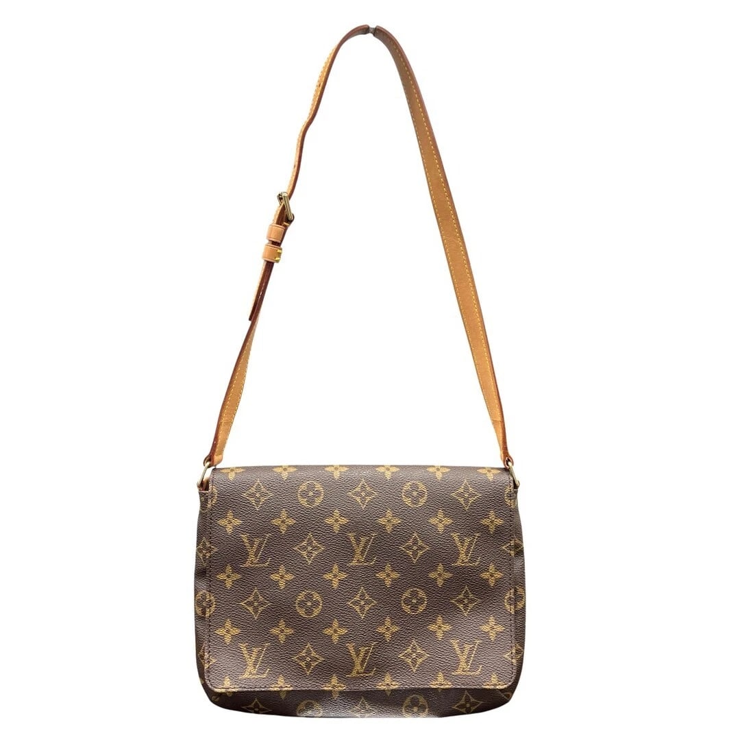 LOUIS VUITTON MUSETTE TANGO SHOULDER BAG BROWN: Louis Vuitton Musette Tango Shoulder Bag Brown Brand: LOUIS VUITTON Type/Style: Shoulder Bag Material: Monogram Canvas / Leather Color: Brown Size: Approximately 25.5 cm (10.0 in) W x 18.5 cm (7.3 in)