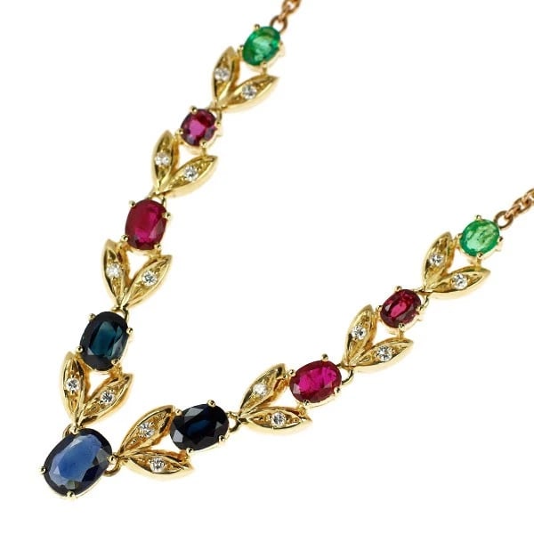 K18YG/PG SAPPHIRE RUBY EMERALD DIAMOND PENDANT NECKLACE: K18YG/PG Sapphire Ruby Emerald Diamond Pendant Necklace Brand: None Type/Style: pendant necklace Material: K18YG/PG Color: None Size: Length39.5 Accessories: None Accessories Notice: When purchasing
