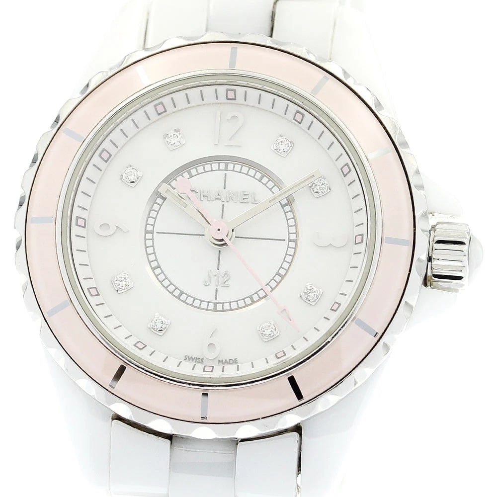 CHANEL J12 SOFT PINK DIAMOND QUARTZ WATCH: CHANEL J12 Soft Pink Diamond Quartz Watch Brand: CHANEL Type/Style: Wristwatch Material: Band Material Stainless Steel / ceramic, Case Material Stainless Steel / ceramic Color: Band Color white, Case