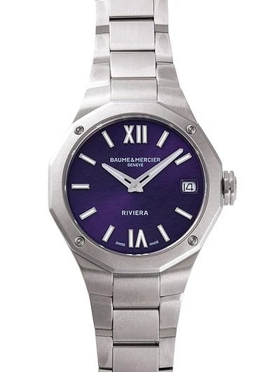 BAUME & MERCIER RIVIERA PURPLE WATCH: Baume & Mercier Riviera Purple Watch Brand: Baume & Mercier Type/Style: Wristwatch Material: ss Color: Dial Color purple Size: Case Diameter: 33mm Accessories: None Accessories Notice: When