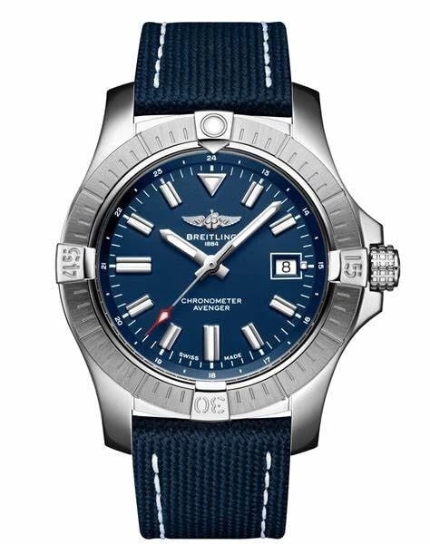 BREITLING AVENGER AUTOMATIC WATCH: Breitling Avenger Automatic Watch Brand: Breitling Type/Style: Wristwatch Material: ss leather Color: Dial Color blue Size: Size (case width) 43mm Accessories: None Accessories Notice: When