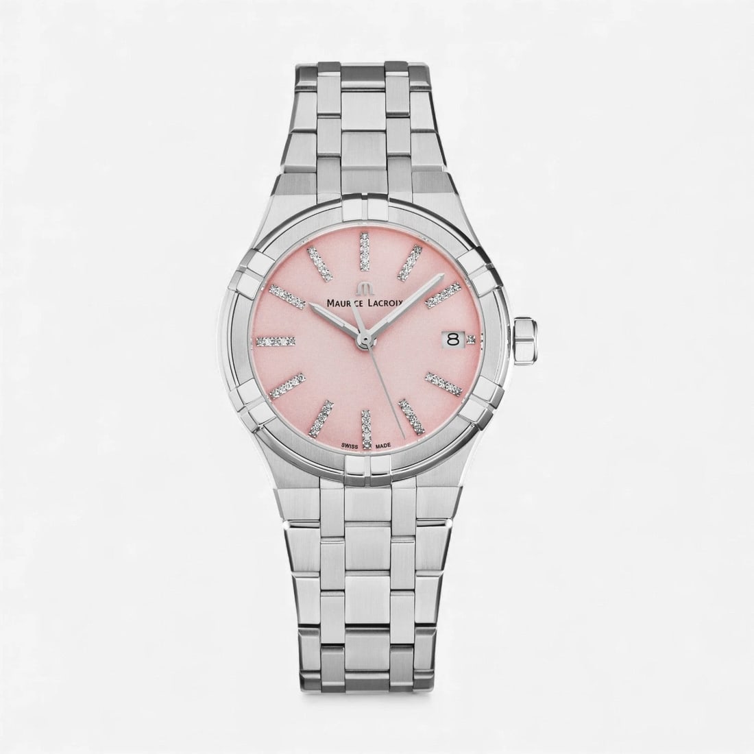 MAURICE LACROIX AIKON QUARTZ COLOURS EDITION WATCH: MAURICE LACROIX Aikon Quartz Colours Edition Watch Brand: Maurice Lacroix Type/Style: Wristwatch Material: SS Color: Dial Color Pink Size: Case Size: 35mm Accessories: None Accessories Notice: When
