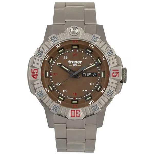 TRASER TITANIUM BAND P T TACTICAL TITAN BROWN WATCH: traser Titanium Band P T Tactical TITAN BROWN Watch Brand: traser Type/Style: Wristwatch Material: Ti Color: Dial Color Brown Size: Case Size: 46mm Accessories: None Accessories Notice: When
