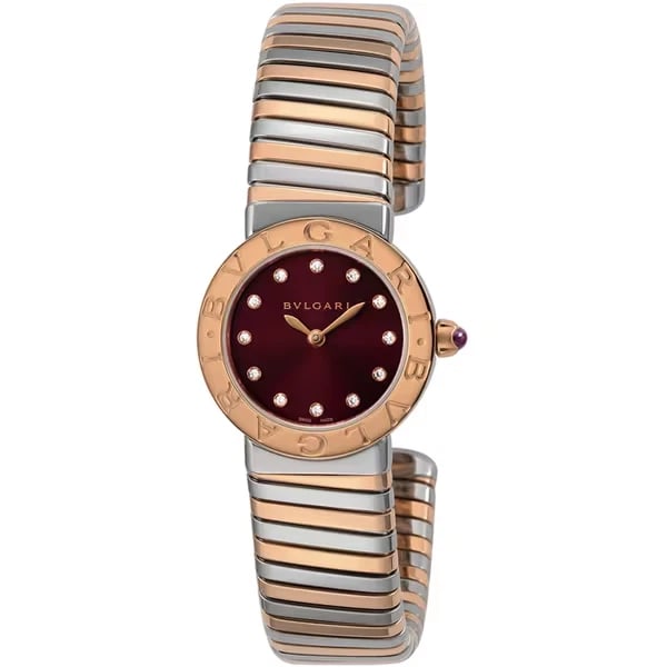 BVLGARI TUBOGAS BROWN WATCH: BVLGARI Tubogas Brown Watch Brand: Bvlgari Type/Style: Wristwatch Material: SS + 18k Rose Gold Color: Dial Color Silver Size: Case Size: 26mm (H) x 26mm (W) x 6mm (D) Accessories: None Accessories