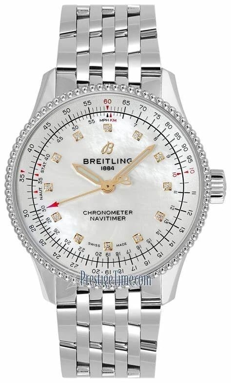 BREITLING NAVITIMER AUTOMATIC WATCH: BREITLING Navitimer Automatic Watch Brand: Breitling Type/Style: Wristwatch Material: SS Color: Dial Color white Mother of Pearl Size: Case Size: 35mm Accessories: None Accessories Notice: