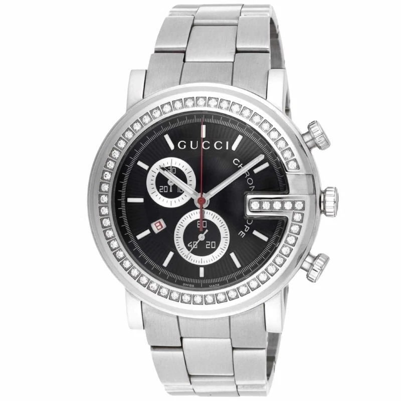 GUCCI G CHRONO WATCH: Gucci G Chrono Watch Brand: Gucci Type/Style: Wristwatch Material: SS Color: Dial Color Black Size: Case diameter: 43.7 x 43.7 x 11.9 (mm), 156 (g) Accessories: None Accessories Notice: When