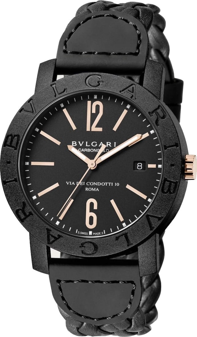 BVLGARI CARBON GOLD BLACK MESH LEATHER WATCH: BVLGARI Carbon Gold Black Mesh Leather Watch Brand: Bvlgari Type/Style: Wristwatch Material: Carbon Color: Dial Color Black Size: Case Size: 40mm Accessories: None Accessories Notice: When purchasing