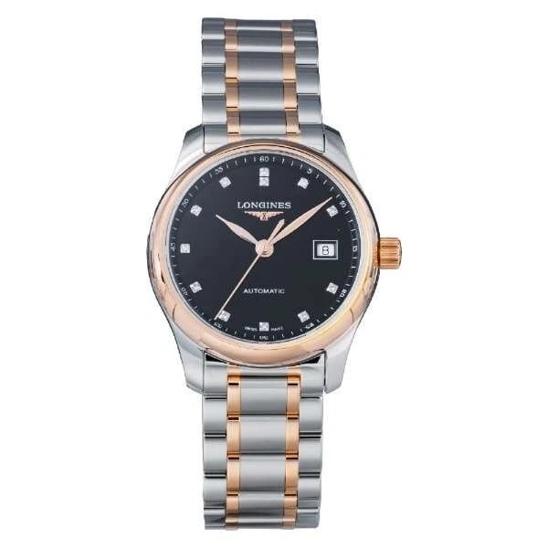 LONGINES MASTER COLLECTION BLACK WATCH: Longines Master Collection Black Watch Brand: Longines Type/Style: Wristwatch Material: SS + 18k Rose Gold Color: Dial Color Black Size: Case size] Height 25.5 x width 25.5 x thickness 9.5mm Acces
