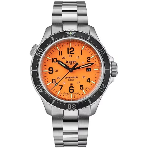 TRASER P SUPER SUB ORANGE STAINLESS STEEL BRACELET WATCH: TRASER P Super Sub Orange Stainless Steel Bracelet Watch Brand: traser Type/Style: Wristwatch Material: SS Color: Dial Color orange Size: Case Size: 36mm Accessories: None Accessories Notice: When