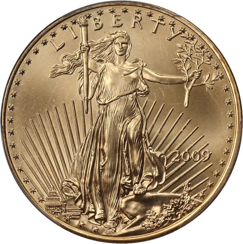 2009 GOLD AMERICAN EAGLE $50: 2009 Gold American Eagle $50 Year: 2009 Fineness: 0.9167 Composition: Gold Denomination: $50 Country of Origin: United States Accessories: None Accessories Notice: When purchasing pre-owne