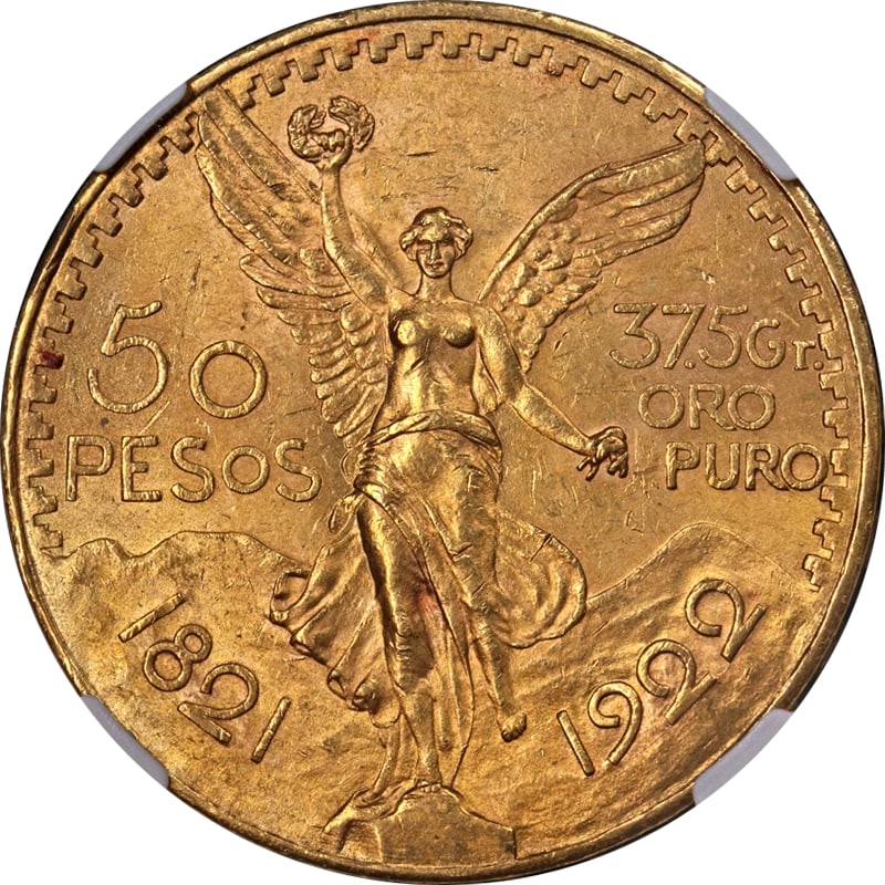 1922 MEXICO GOLD 50 PESO: 1922 Mexico Gold 50 Peso Year: 1922 Fineness: 0.9 Composition: Gold Denomination: 50 Peso Country of Origin: Mexico Accessories: None Accessories Notice: When purchasing pre-owned goods, please refer