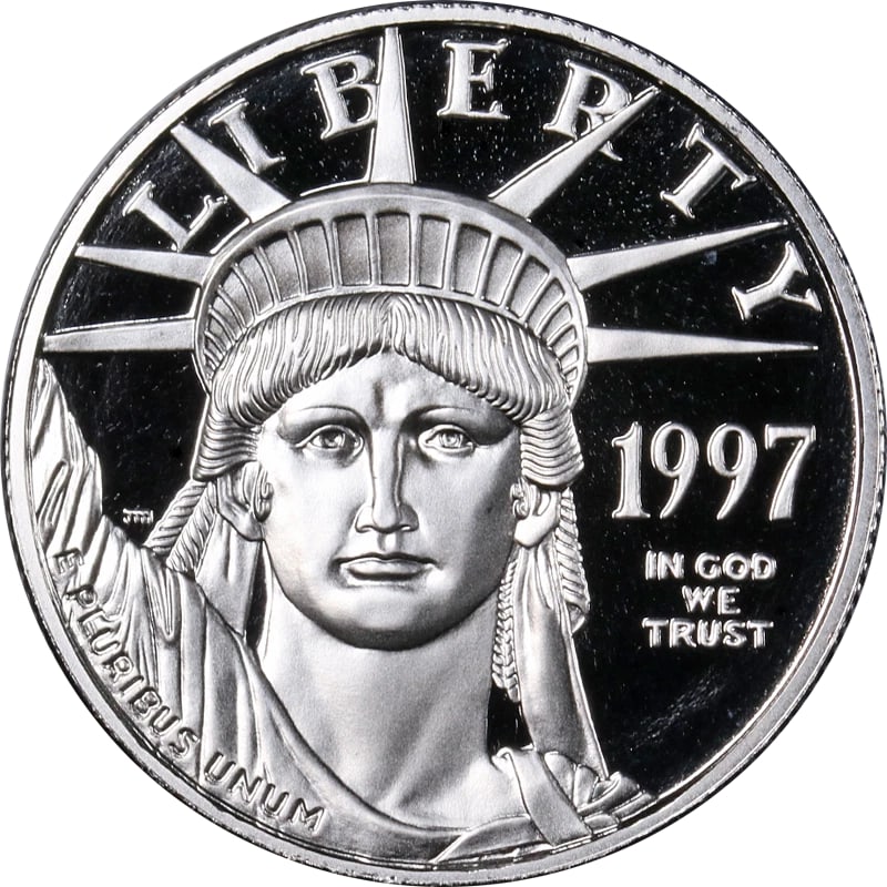1997-W PLATINUM AMERICAN EAGLE $50: 1997-W Platinum American Eagle $50 Year: 1997 Fineness: 0.9995 Composition: Platinum Denomination: $50 Country of Origin: United States Accessories: None Accessories Notice: When purchasing pre-owned