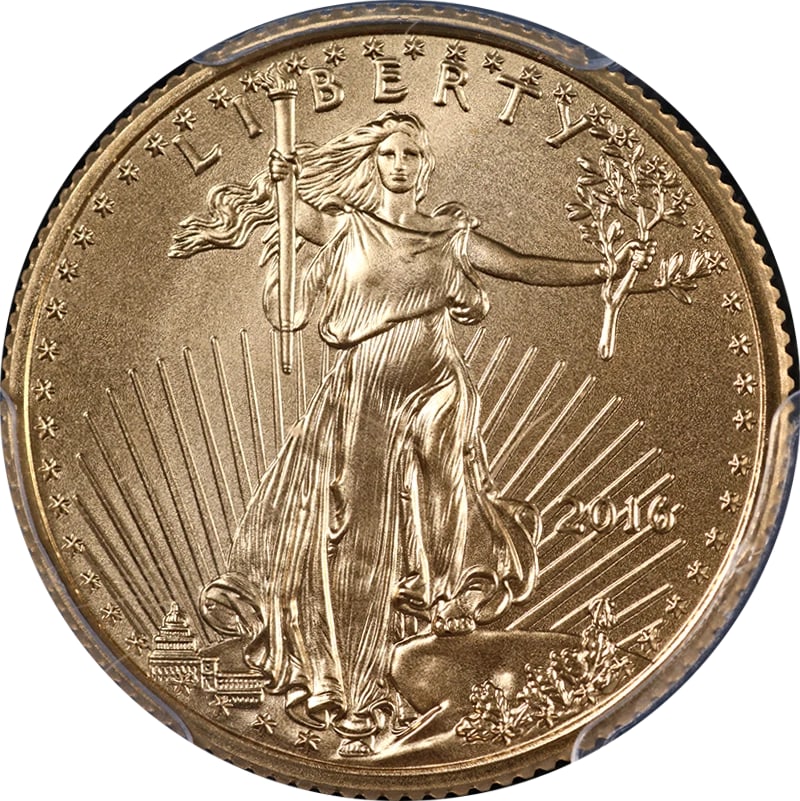 2016 GOLD AMERICAN EAGLE $10: 2016 Gold American Eagle $10 Year: 2016 Fineness: 0.9167 Composition: Gold Denomination: $10 Country of Origin: United States Accessories: None Accessories Notice: When purchasing pre-owne