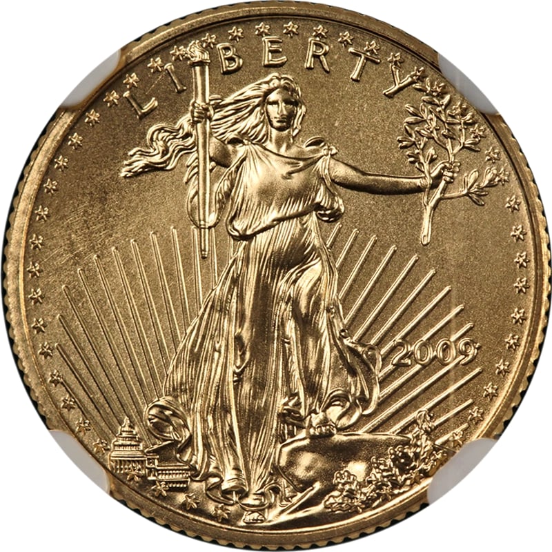 2009 GOLD AMERICAN EAGLE $5: 2009 Gold American Eagle $5 Year: 2009 Fineness: 0.9167 Composition: Gold Denomination: $5 Country of Origin: United States Accessories: None Accessories Notice: When purchasing pre-owned goods,