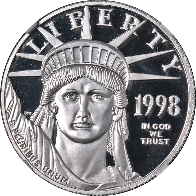 1998-W PLATINUM AMERICAN EAGLE: 1998-W Platinum American Eagle Year: 1998 Fineness: 0.9995 Composition: Platinum Denomination: $100 Country of Origin: United States Accessories: None Accessories Notice: When purchasing pre-owned