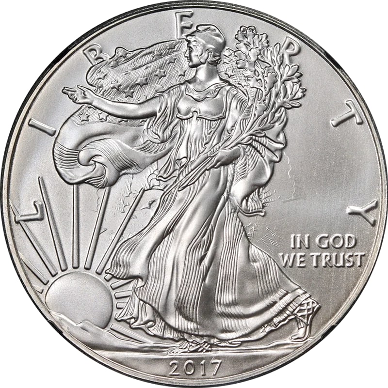 2017 (P) SILVER AMERICAN EAGLE $1: 2017 (P) Silver American Eagle $1 Year: 2017 Fineness: None Composition: Silver Denomination: $1 Country of Origin: United States Accessories: None Accessories Notice: When purchasing pre-owned