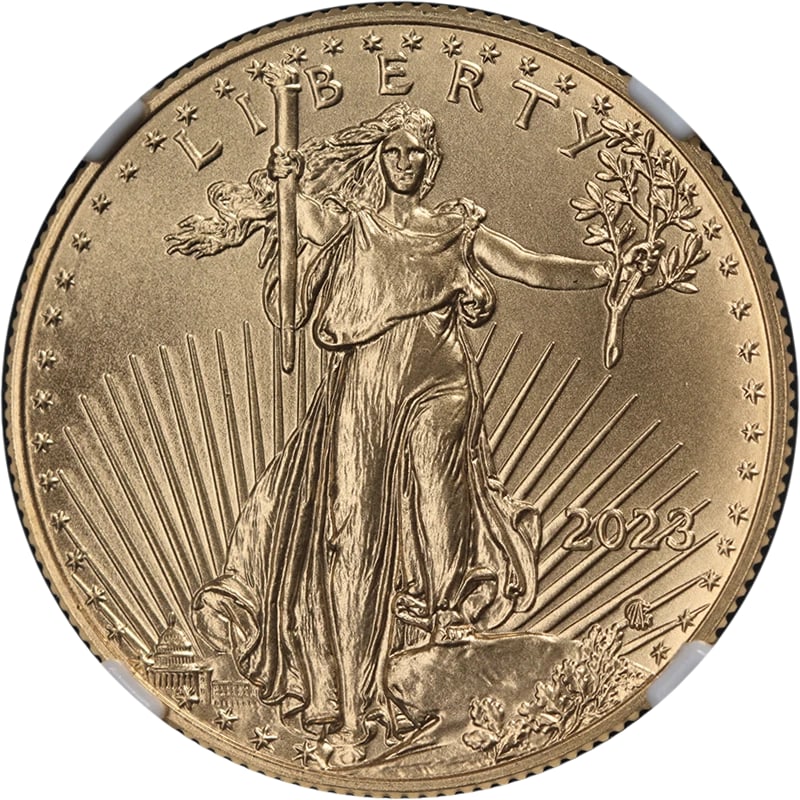 2023 GOLD AMERICAN EAGLE $25: 2023 Gold American Eagle $25 Year: 2023 Fineness: 0.9167 Composition: Gold Denomination: $25 Country of Origin: United States Accessories: None Accessories Notice: When purchasing pre-owne