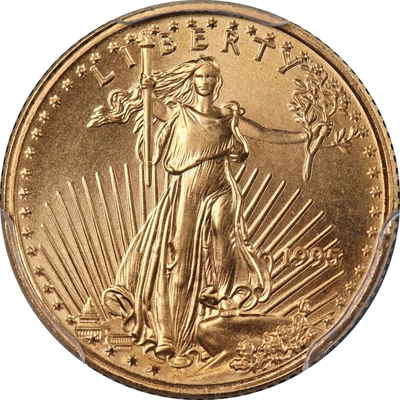 1995 GOLD AMERICAN EAGLE $5: 1995 Gold American Eagle $5 Year: 1995 Fineness: 0.9167 Composition: Gold Denomination: $5 Country of Origin: United States Accessories: None Accessories Notice: When purchasing pre-owned