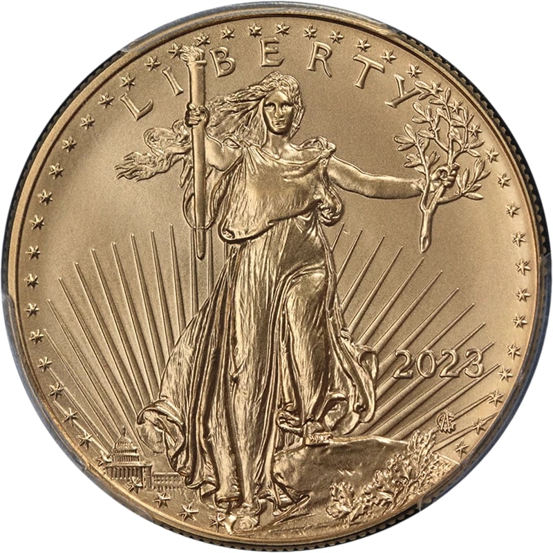 2023 GOLD AMERICAN EAGLE $50: 2023 Gold American Eagle $50 Year: 2023 Fineness: 0.9167 Composition: Gold Denomination: $50 Country of Origin: United States Accessories: None Accessories Notice: When purchasing pre-owne