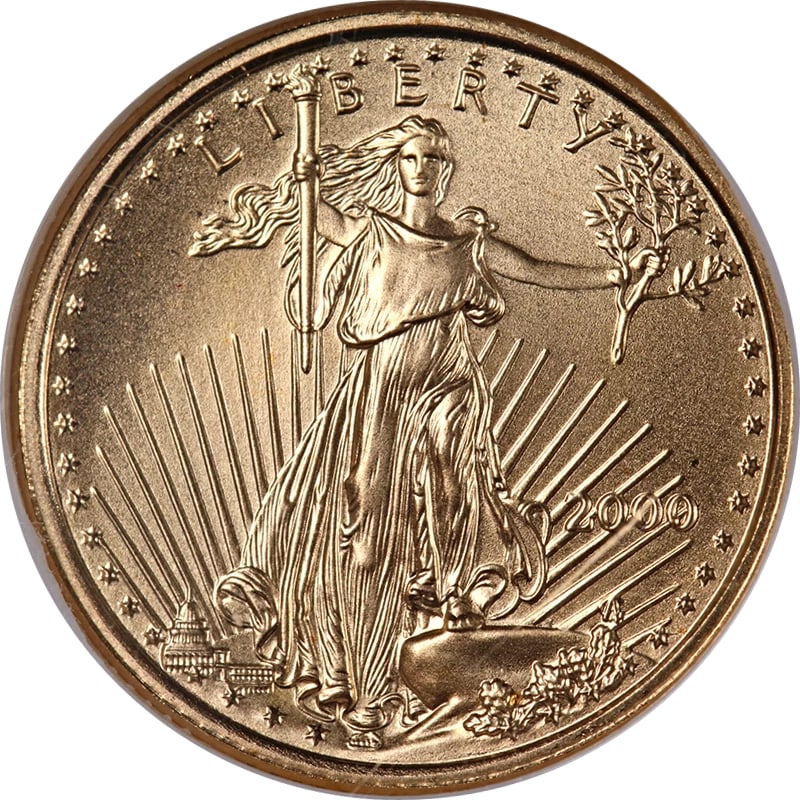 2000 GOLD AMERICAN EAGLE $5: 2000 Gold American Eagle $5 Year: 2000 Fineness: 0.9167 Composition: Gold Denomination: $5 Country of Origin: United States Accessories: None Accessories Notice: When purchasing pre-owned