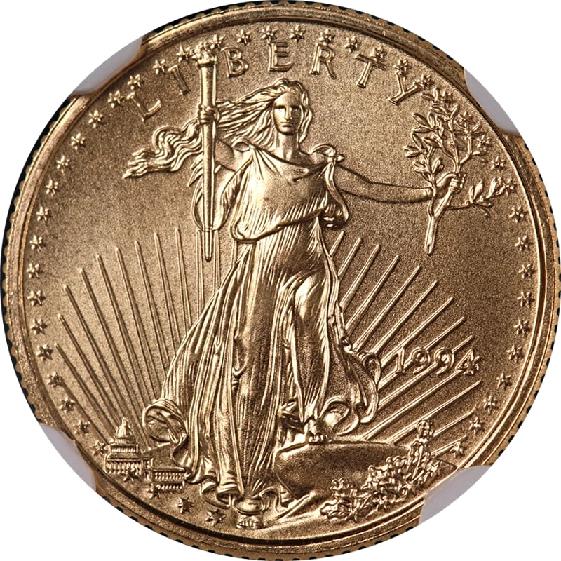 1994 GOLD AMERICAN EAGLE $5: 1994 Gold American Eagle $5 Year: 1994 Fineness: 0.9167 Composition: Gold Denomination: $5 Country of Origin: United States Accessories: None Accessories Notice: When purchasing pre-owned