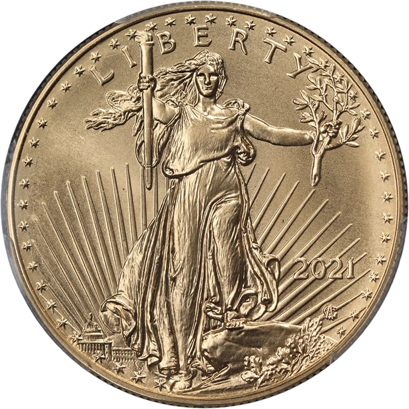 2021 GOLD AMERICAN EAGLE $50: 2021 Gold American Eagle $50 Year: 2021 Fineness: 0.9167 Composition: Gold Denomination: $50 Country of Origin: United States Accessories: None Accessories Notice: When purchasing pre-owne