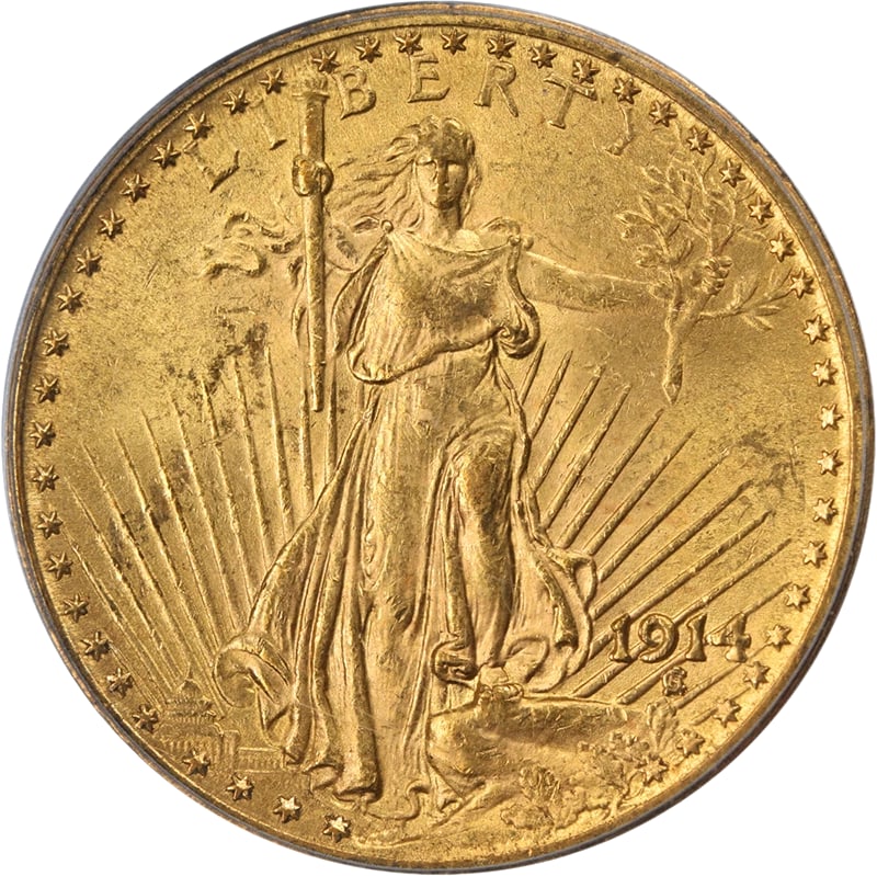 1914-P SAINT-GAUDENS GOLD $20: 1914-P Saint-Gaudens Gold $20 Year: 1914 Fineness: 0.9 Composition: Gold Denomination: $20 Country of Origin: United States Accessories: None Accessories Notice: When purchasing pre-owned goods,