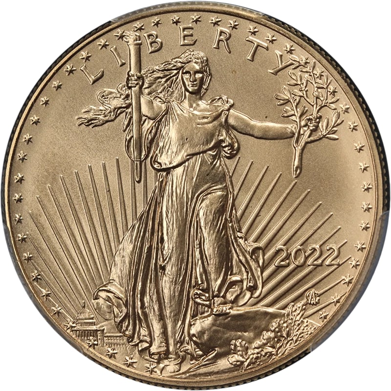 2022 GOLD AMERICAN EAGLE $50: 2022 Gold American Eagle $50 Year: 2022 Fineness: 0.9167 Composition: Gold Denomination: $50 Country of Origin: United States Accessories: None Accessories Notice: When purchasing pre-owne