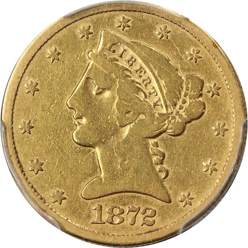 1872-CC LIBERTY GOLD $5 F DETAILS: 1872-CC Liberty Gold $5 F Details Year: 1872 Fineness: 0.9 Composition: Gold Denomination: $5 Country of Origin: United States Accessories: None Accessories Notice: When purchasing pre-owned goods,