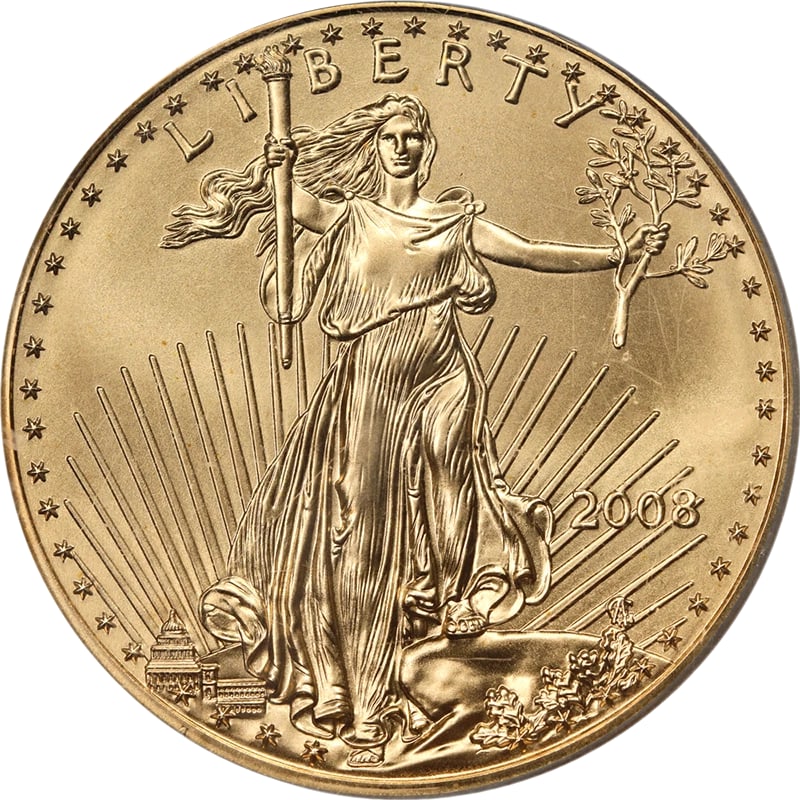 2008 GOLD AMERICAN EAGLE $50: 2008 Gold American Eagle $50 Year: 2008 Fineness: 0.9167 Composition: Gold Denomination: $50 Country of Origin: United States Accessories: None Accessories Notice: When purchasing pre-owned goods,