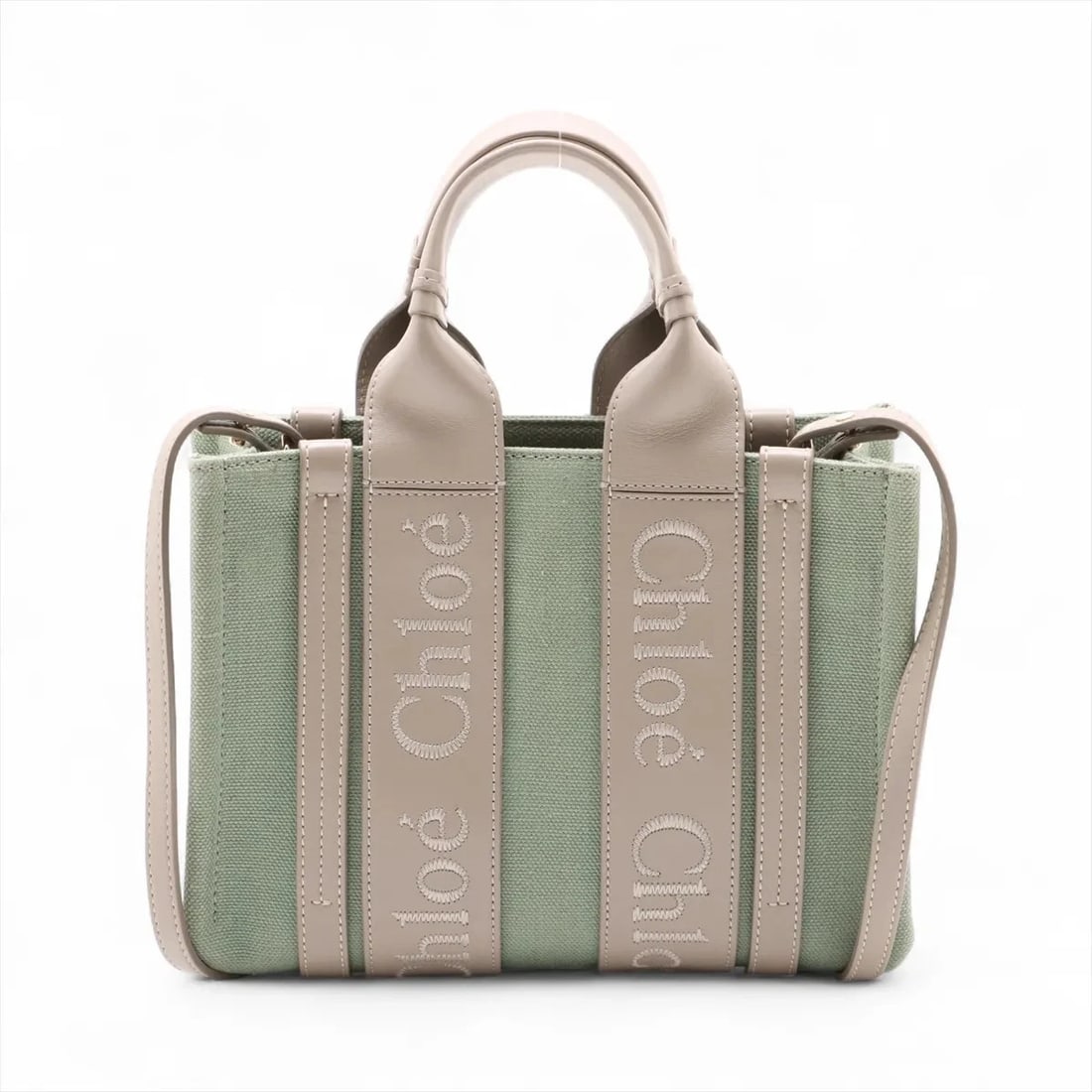 CHLOE WOODY SMALL CANVAS & LEATHER 2 WAY HANDBAG: Chloe woody Small Canvas & Leather 2 Way Handbag Brand: Chloe Type/Style: Hand bag Material: Canvas & Leather Color: green x gray Size: Height:8.1inchLength:10.2inchDepth:3.3inch Accessories: None