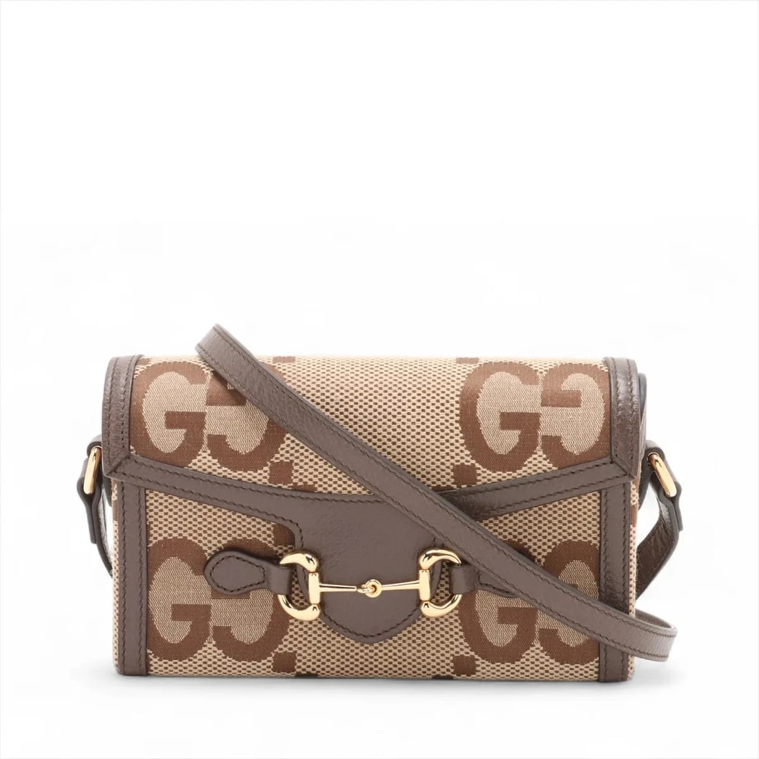 GUCCI JUMBO GG HORSEBIT CANVAS X LEATHER SHOULDER BAG: Gucci Jumbo GG Horsebit canvas x leather Shoulder bag Brand: Gucci Type/Style: Shoulder bag Material: Canvas & Leather Color: Beige?Brown Size: Height:4.3inchLength:7.1inchDepth:1.8inch Accessorie